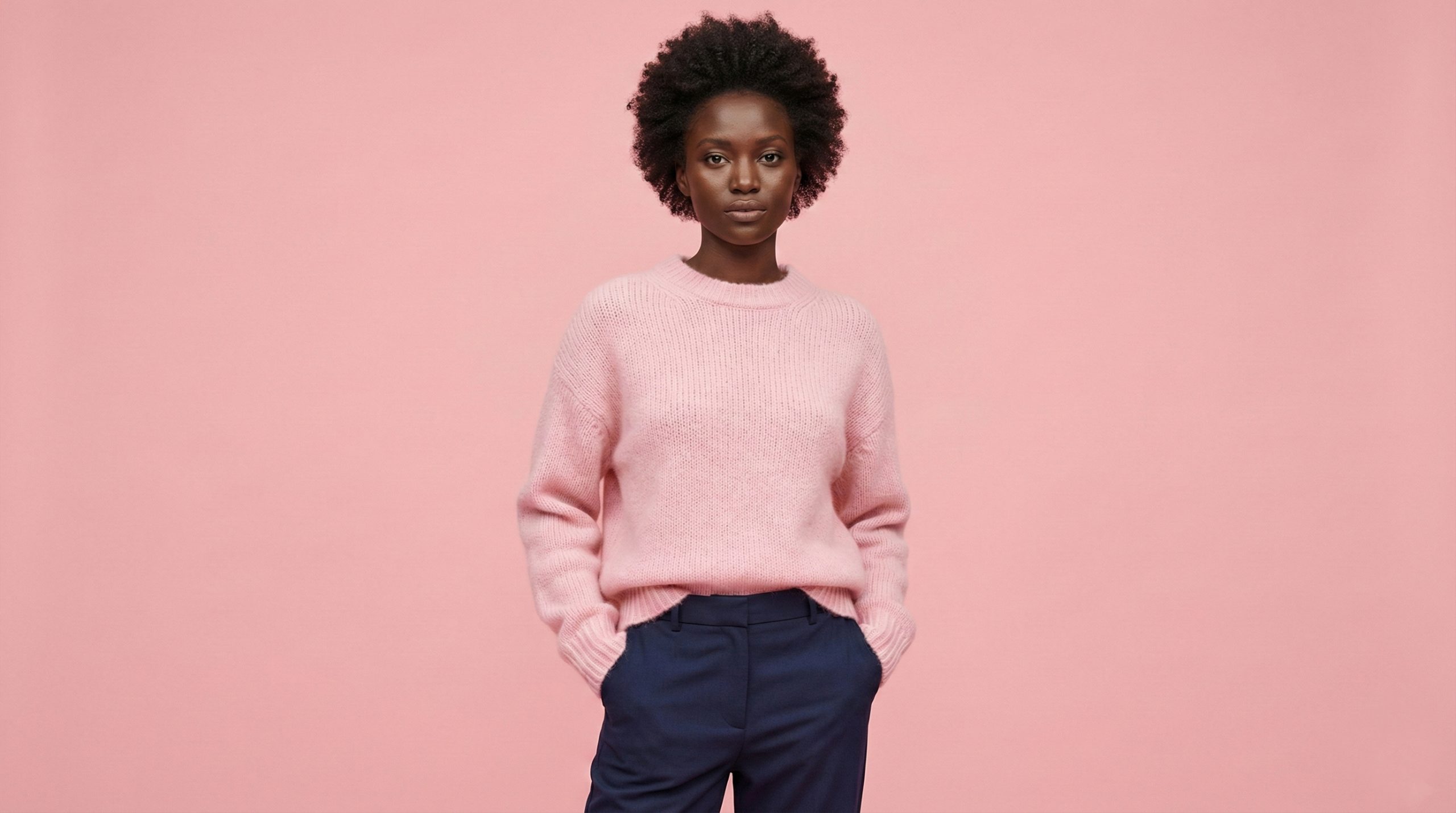 Model wearing Iris and Co pink merino sweater