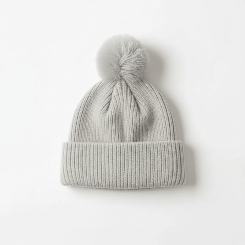 Ribbed Wool Beanie with Pompon